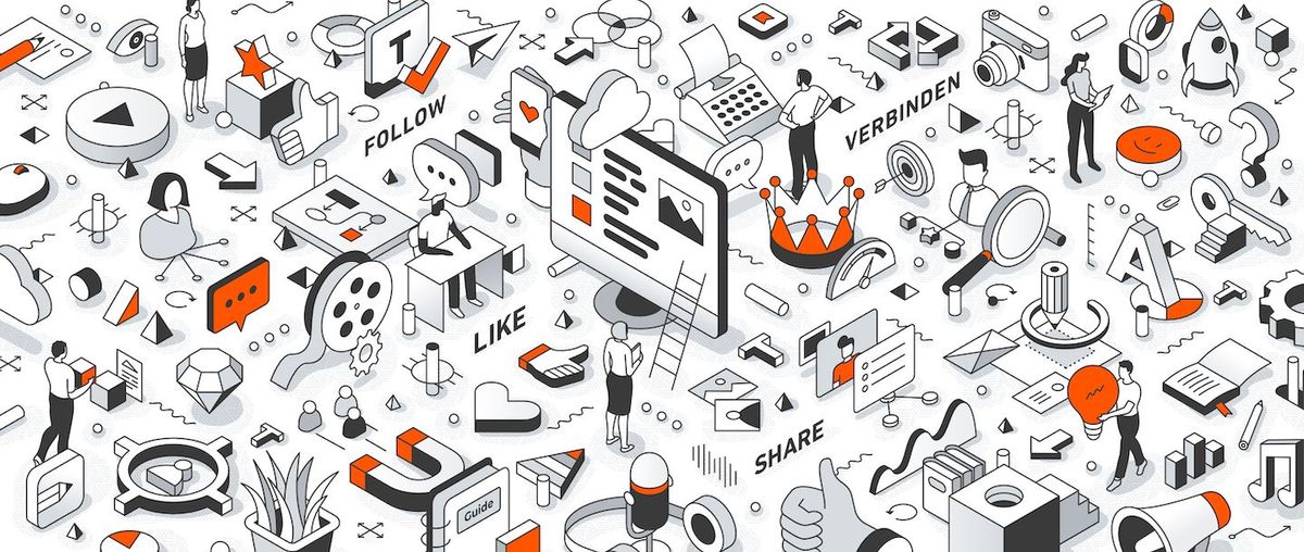 Diese Grafik repräsentiert verschiedene Aspekte des Content Marketings. Es gibt Figuren, die Content erstellen, teilen und bewerben, wie z.B. das Schreiben auf einem Blog oder das Teilen in sozialen Netzwerken. Es gibt auch Symbole wie Kamera, Megaphon un